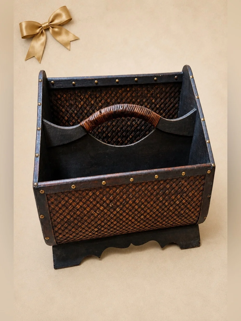 Magazine Stand Dark Solid Wood Woven Brass Studs 2002 Carved Western Vintage